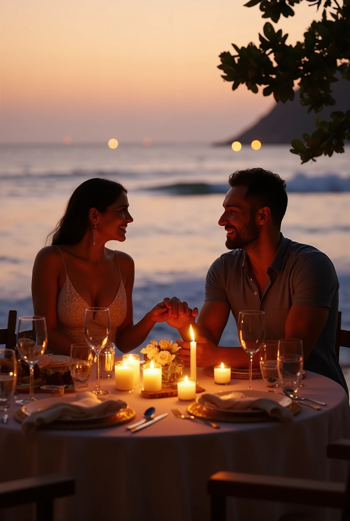 Prompt: Romantic couple having candlelit dinner on a beachside at sunset, table decorated with flowers, soft lighting, ocean waves nearby, couple smiling and holding hands, dreamy romantic mood, cinematic lighting, dramatic atmosphere, intricate details, photorealistic, 16k, detailed body, best quality, masterpiece, Negative Prompt:ugly face, distorted face, deformed face, low quality, blurry, extra limbs, extra fingers, missing fingers, poorly drawn face, bad , unrealistic proportions, jpeg artifacts, watermark, text, signature, low resolution, cartoonish, grainy, overexposed, underexposed, low contrast, bad lighting, unnatural skin, poorly rendered, creepy smile