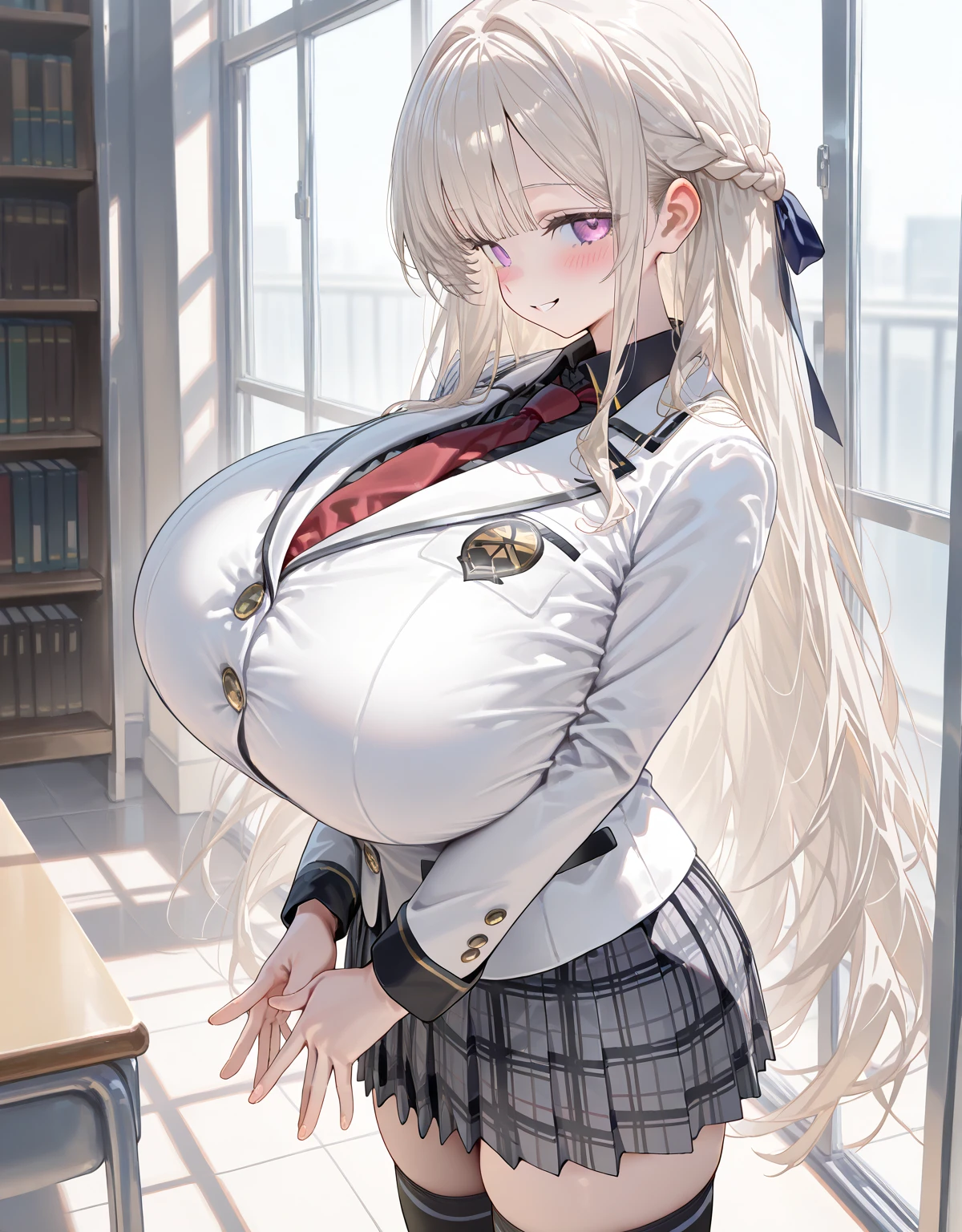 (masterpiece:1.2、Highest quality、Tmasterpiece)、1 female、alone、classroom、Day、stand、blonde、ponytail、Red eyes、break、(Navy Blue Blazer:1.4)、(Dark Skin:1.4)、(White collared shirt)、Big Breasts、pantyhose、Place your hands behind your head、corset、Hoop Earrings、lipstick、(Checked mini skirt)、tie、Sweaty、Ring Choker、Scrunchie、blush、Covered breasts、Bangs braids、(Thick lips:1.2)