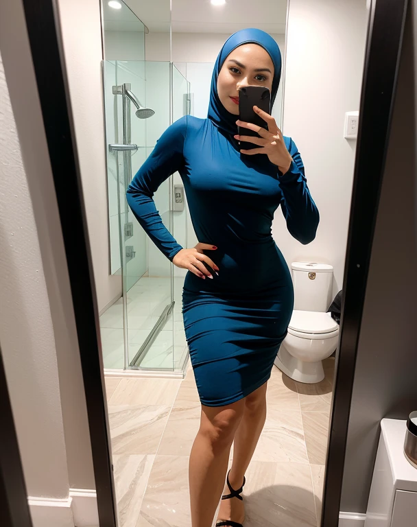 Skinny Indian girl with short lob hair, in a blue dress taking a selfie in a bathroom, sexy dress,23 years old, low cut dress, beautiful silky dress, in blue dress, tight dress, full length shot, opened dress, shiny silver, in a dress,