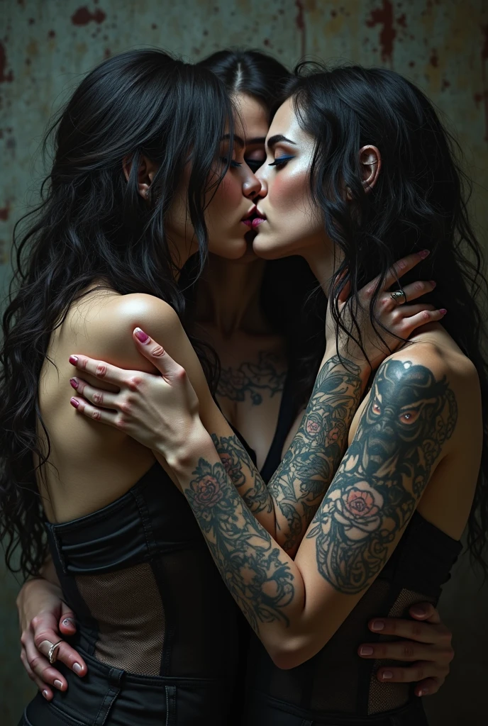 Couple of lovers kissing, with tattoos and smoke
