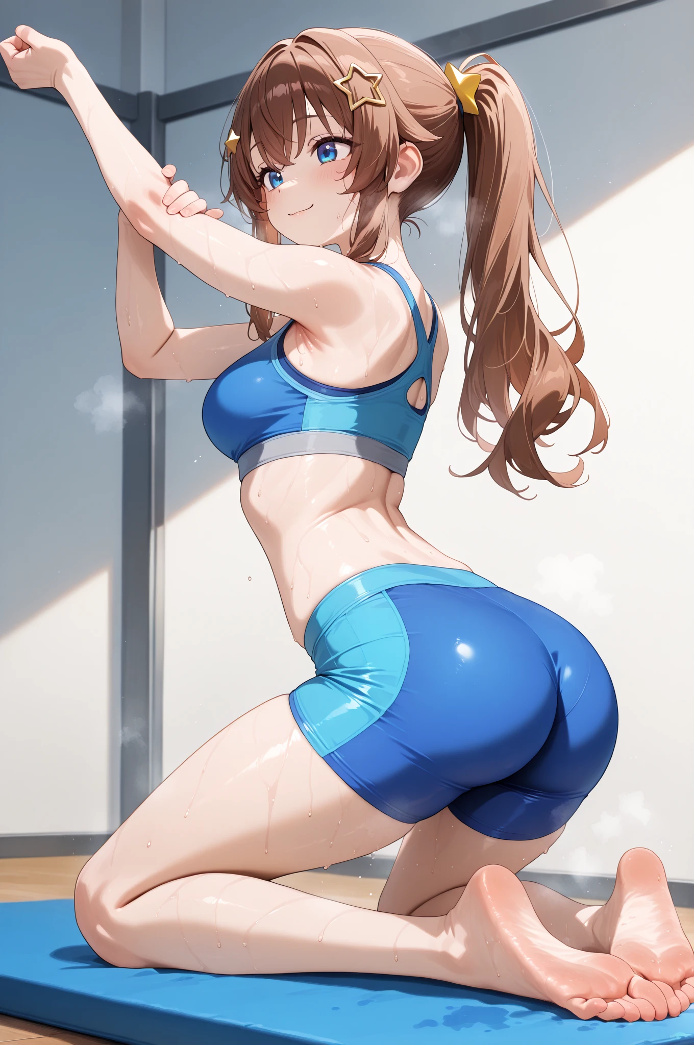 (masterpiece,Highest quality:1.3,best quality illustration),cowboy shot,1woman,20 year old Japanese beauty,((very small head:1.4)),Long brown hair,bangs,brown eyes,gorgeous eyes,blush,smile,small breasts,((very long body:1.4)),(toned body,slender body,skinny,tan skin),(Navy blue sports bra、navel、Dark blue sports shorts),gleaming skin,shiny skin,(sweat:1.3),standing,Arena、Tokyo、