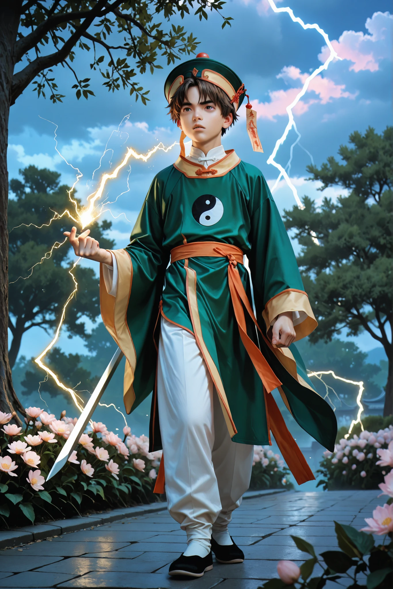 (masterpiece, absurdres, realistic:1.2), (photorealistic:1.5), best quality, Ultra High Resolution, 1boy, RiShaoran, young, japanese boy, very handsome, perfect face, cute face, intricate detail, clear and beautiful detailed eyes, detailed skin, pale skin,
male focus, solo, brown hair, brown eyes, hat, green headwear, chinese clothes, shirt, white shirt, pants, white pants, robe, green robe, yin yang, long sleeves, wide sleeves, perfect hand, the index and middle fingers of the right hand holding a vertical talisman (the talisman has four large chinese characters "雷帝招來" in the middle, lightning magic flashes around it), left hand holding a sword, Excellent body proportions, perfect anatomy, dynamic pose, full body,
outdoor, sky, cloud, flower, tree, cinematic composition, soft lighting, Cinematic Lighting, deep shadows, Bright colors,