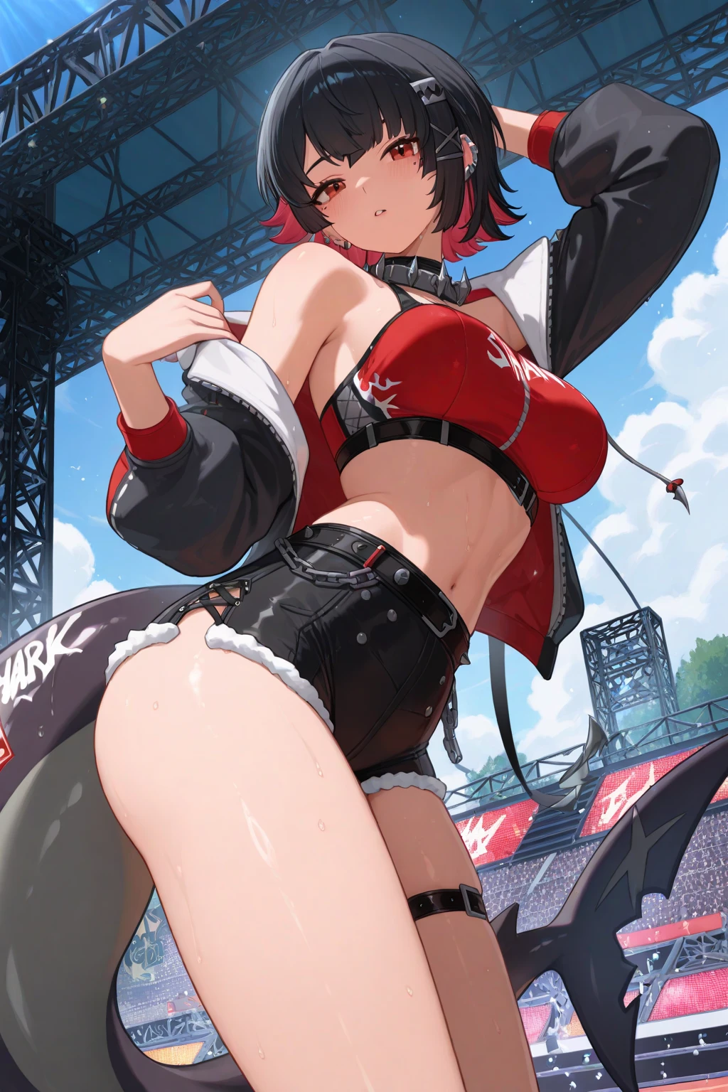 Erotic Anime Illustration、Anime Style、highest quality、A voluptuous idol performing on stage at a school festival、Shibuya Rin、Perfect proportions、Thigh-high boots、Punk Rock、A big smile、Sex Appeal、Clear eyes、Very large breasts、Fatty legs、Erect nipples、Sweaty、Spread your legs、Showing off her vagina to seduce、Cowboy Shot