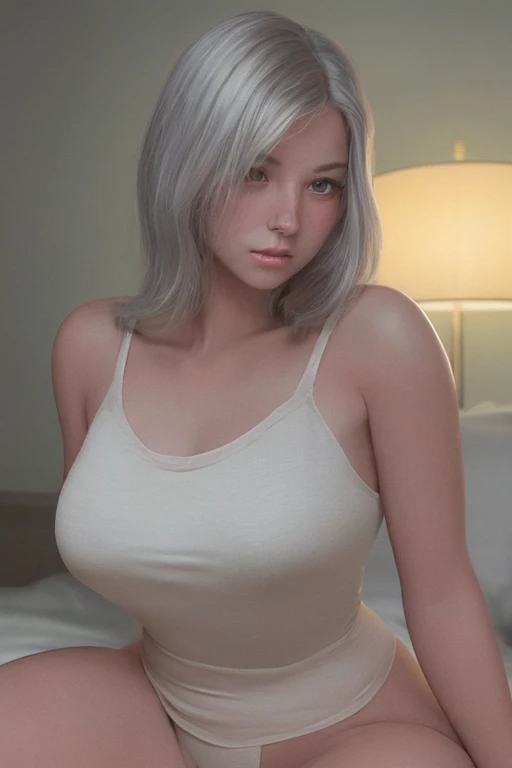 Angle, from above, RAW, 1 girl, solo, full body, (top quality, masterpiece, absurd: 1.2), front view, perfect face, very delicate and beautiful, fine-grained skin texture, lively and shiny skin, (big breasts: 1.3), (constriction: 1.2), huge ass, (pureerosface_v1: 1.3), (ulzzang-6500: 0.4), (gray hair, Short hair: 1.3), blue eyes, (makeup: 1.2), bright smile, (black cleavage, ruffles, V-neck, navel, slit-up dress): 1.3), shirt, jewelry earrings, thigh straps, thigh strap, thigh socks, simple background, portrait, (huge breasts, big breasts: 1.4), nsfw, 2b, long white hair