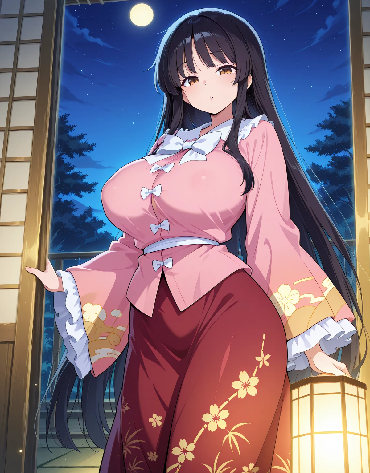 1girl, solo, long hair, breasts, looking at viewer, blush, smile, open mouth, bangs, large breasts, black hair, hair ornament, cleavage, brown eyes, flower, :d, thighs, japanese clothes, shiny, hair flower, kimono, shiny skin, sash, tattoo, night, obi, from below, yukata, lantern, purple kimono, paper lantern, festival