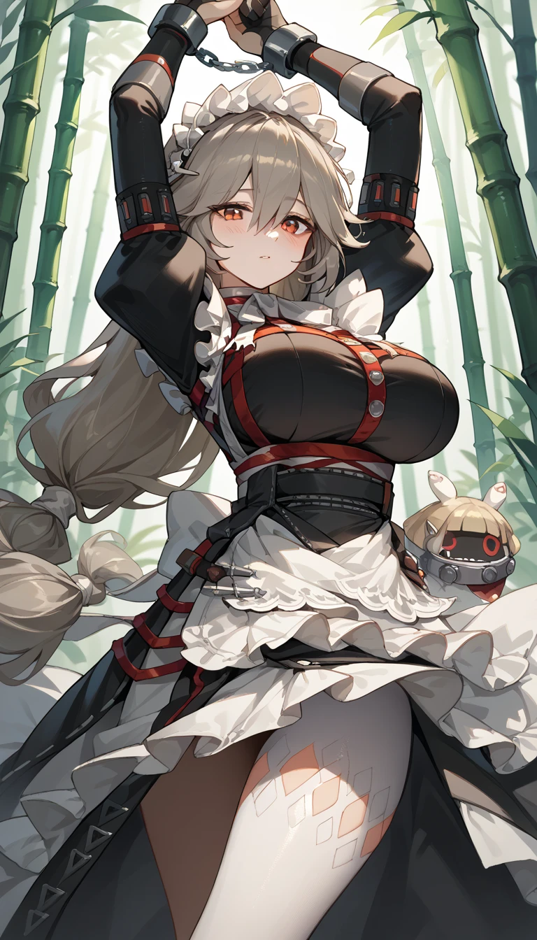 Atlas Fayon woman 40 years, white hair with black stripes ,white tiger ears, closed eyes, mujer ciega con closed eyes, spore costume, low cut black leather tops, leather shorts, explorer, big breasts,, background some mayan ruins in the middle of the jungle. sweat on the body, sweaty leather,