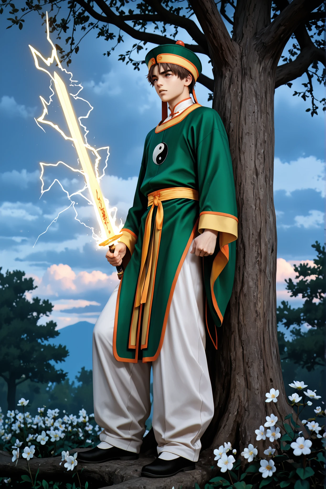 (masterpiece, absurdres, realistic:1.2), (photorealistic:1.5), best quality, Ultra High Resolution, 1boy, RiShaoran, japanese boy, very handsome, perfect face, cute face, intricate detail, clear and beautiful detailed eyes, detailed skin, pale skin,
male focus, solo, brown hair, brown eyes, hat, green headwear, chinese clothes, shirt, white shirt, pants, white pants, robe, green robe, yin yang, long sleeves, wide sleeves, perfect hand, the index and middle fingers of the right hand holding a vertical talisman (the talisman has four large chinese characters "雷帝招來" in the middle, lightning magic flashes around it), left hand holding a sword, Excellent body proportions, perfect anatomy, dynamic pose, full body,
outdoor, sky, cloud, flower, tree, cinematic composition, soft lighting, Cinematic Lighting, deep shadows, Bright colors,