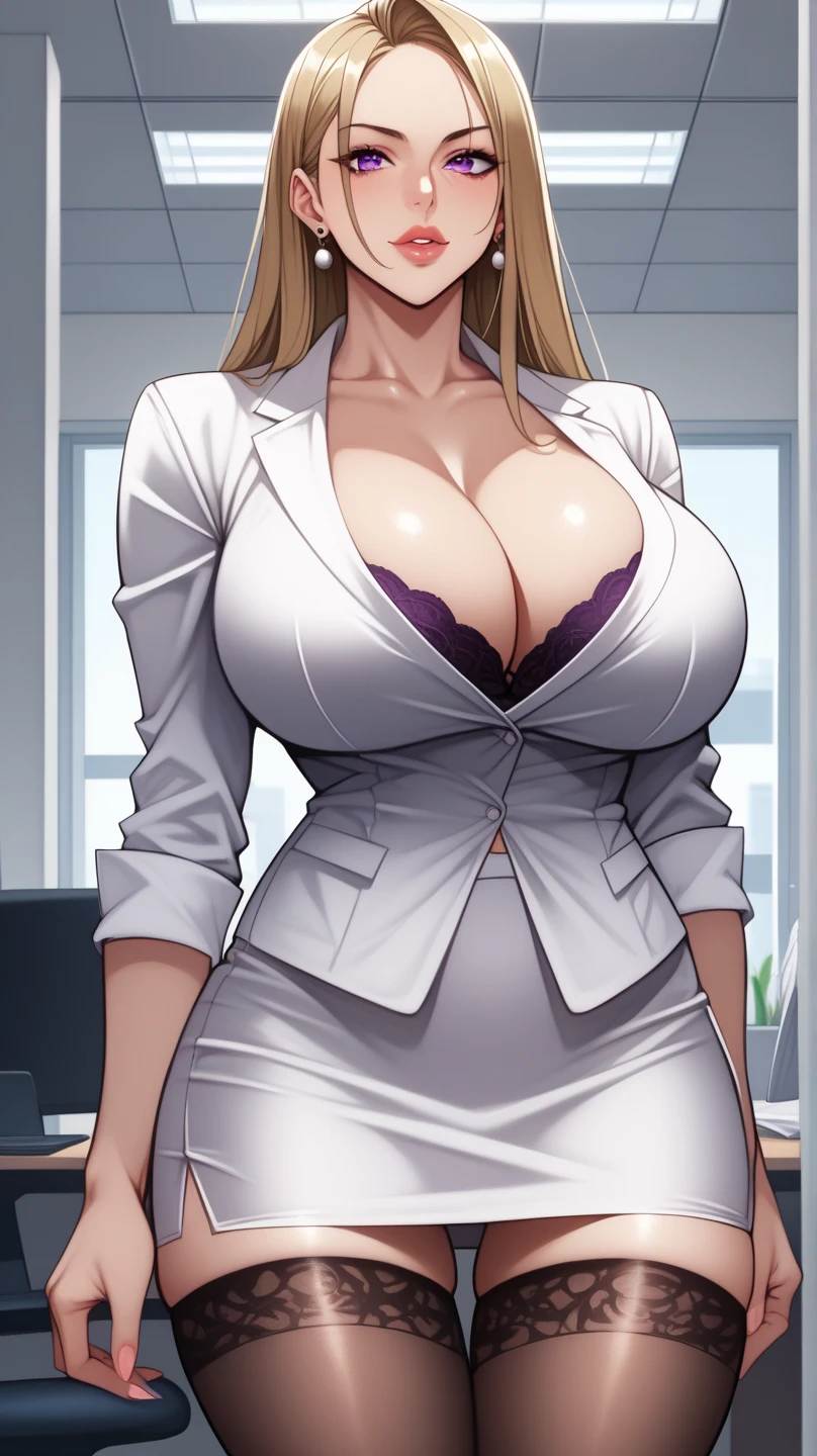 sexy woman, mature, milf, huge breasts, large breasts, curvy, voluptuous, clompletely nude, nude, pussy, nipples, blonde hair, blue eyes, red lips, earring, necklace, grinning, standing, office, indoors, crowd of mans