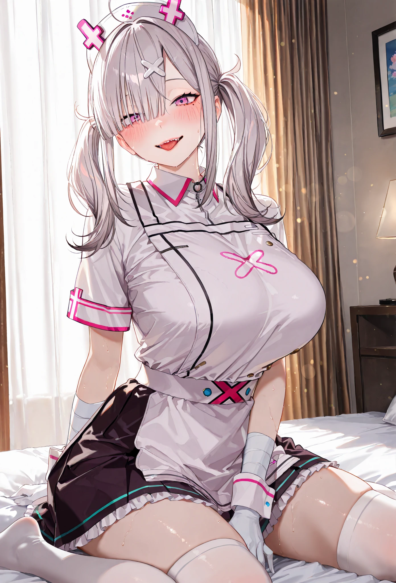(Tabletop, Highest quality, Very detailed), One Girl, Purple eyes, Blonde, Dark Skin, ((nurse's uniform))、Pencil Skirt、(Bedroom)、M-shaped sitting、(Place your hands behind your head)、(Spread your legs)、Knee-high socks、garter belt、Long gloves、Costumes with shoulders out、Sexy