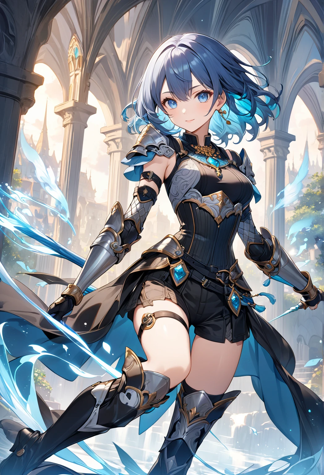 A deep blue-haired girl wields the Heavy Thrusting Swords from within the Elden Ring in a reverse grip.