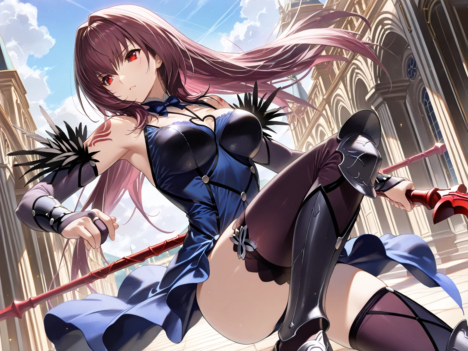 (masterpiece:1.3), (absurdres:1.3), (best quality:1.3), hand of Guido Daniele, (ultra-detailed:1.3),(best shadow:0.7), (handled hair), perfect anatomy, 1girl, solo, Houshou Marine, houshouBand, heterochromia, red eyes, yellow eyes, bangs, long hair, streaked hair, shako cap, off shoulder, elbow gloves, lace-trimmed leotard, bodystocking, thigh boots, large breasts, (arms_behind_back)