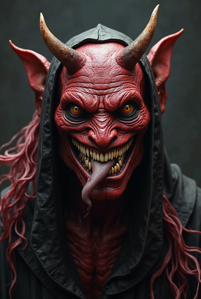 A man wearing an Oni mask, he has yellow horns and glowing red eyes