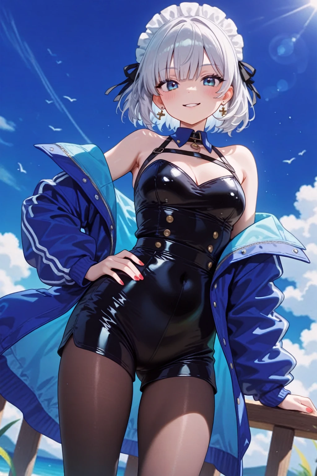独奏、Gray Hair Bob、jaket、parka、Hold the camera、Beautiful eyes、Beautiful skins、City at night、Lunette de soleil、full bodyesbian、Fancy effects、Lots of colors、​masterpiece、top-quality、tre anatomically correct、动态照明