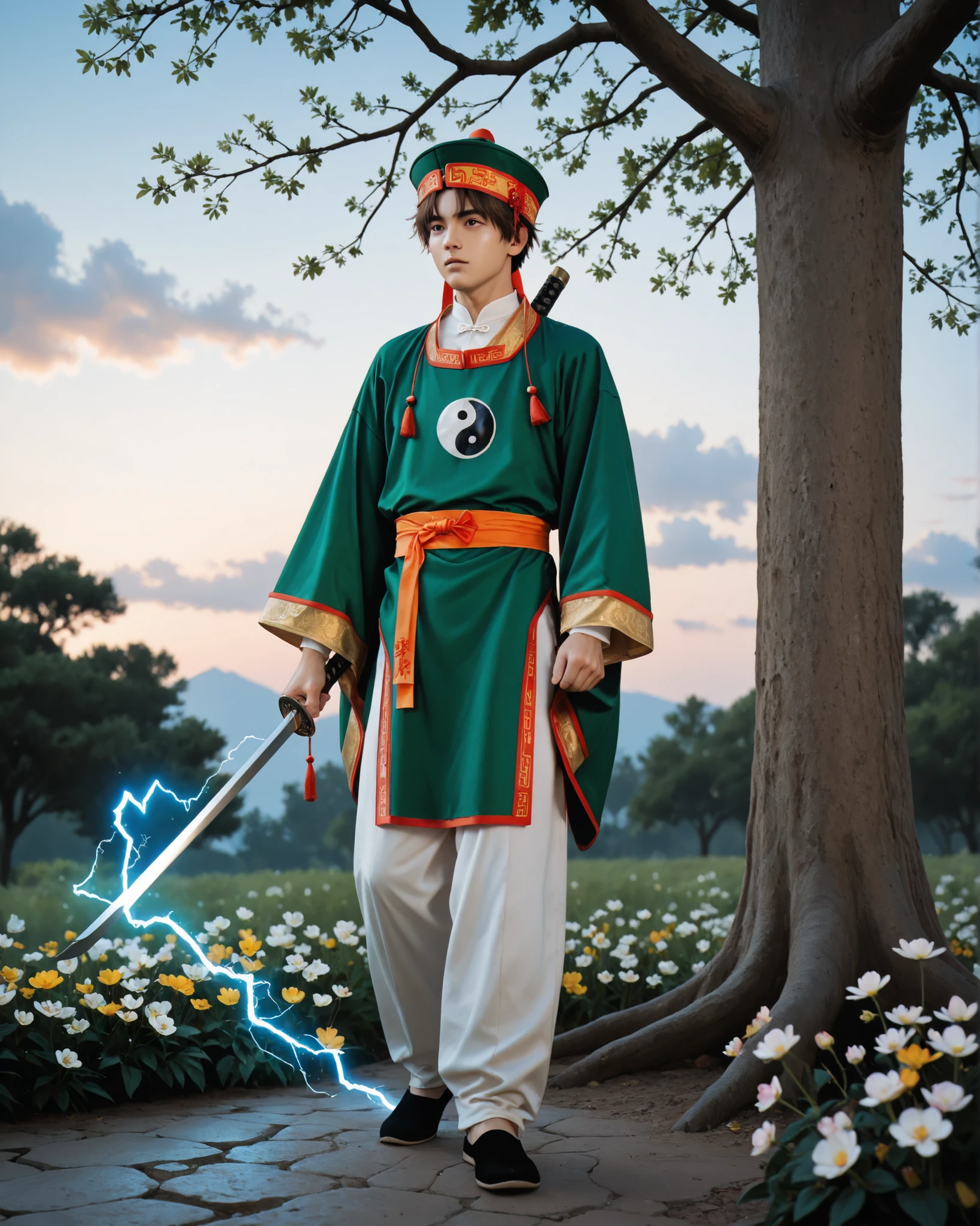 (masterpiece, absurdres, realistic:1.2), (photorealistic:1.5), best quality, Ultra High Resolution, 1boy, RiShaoran, japanese boy, very handsome, perfect face, cute face, intricate detail, clear and beautiful detailed eyes, detailed skin, pale skin,
male focus, solo, brown hair, brown eyes, hat, green headwear, chinese clothes, shirt, white shirt, pants, white pants, robe, green robe, yin yang, long sleeves, wide sleeves, perfect hand, the index and middle fingers of the right hand holding a vertical talisman (the talisman has four large chinese characters "雷帝招來" in the middle, lightning magic flashes around it), left hand holding a sword, Excellent body proportions, perfect anatomy, dynamic pose, full body,
outdoor, sky, cloud, flower, tree, cinematic composition, soft lighting, Cinematic Lighting, deep shadows, Bright colors,