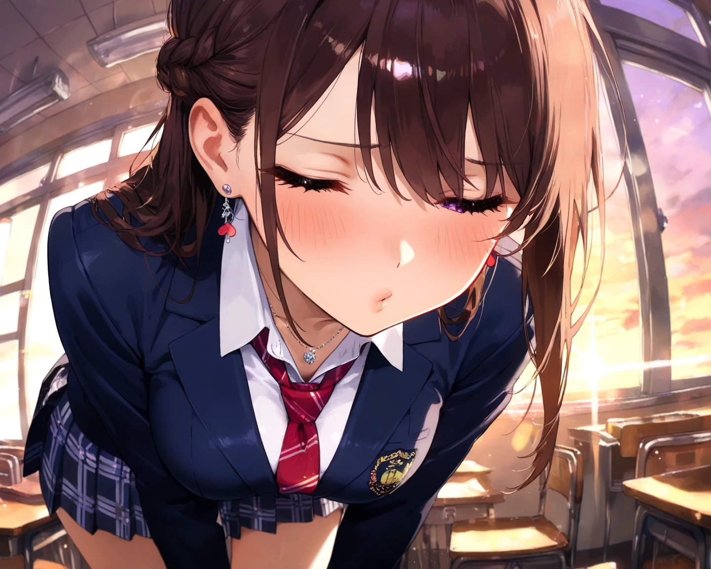 A girl in a blazer and uniform with black bob hair is crying and standing holding on to the handrail of a train、A middle-aged man squatting down and smelling the crotch of a girl in a navy blue checked skirt