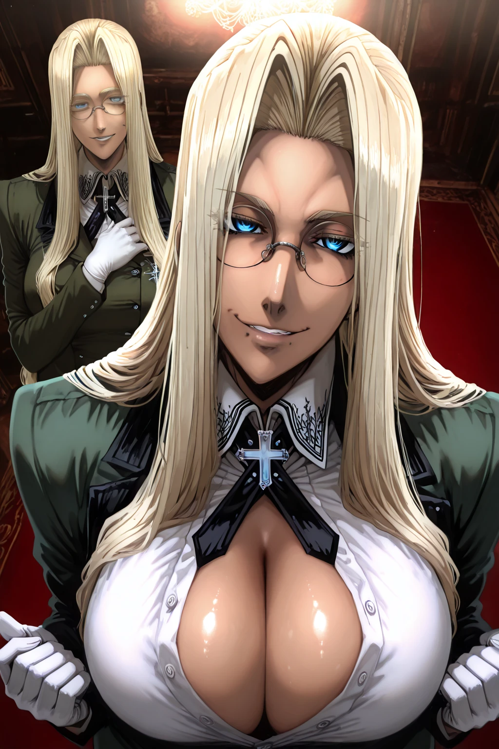 (masterpiece, highest quality, best quality, official art, beautiful and aesthetic: 1.2), (1girl), extremely detailed, (fractal art: 1.3), colorful, highest detailed, perfect face, upper body, HDR, ), vivid visual effects, (dynamic stripes, luminous traces: 1.2),, breast focus, breasts, large breasts, bare breasts, naked, nude, boob window, sexy, wide hips, thicc figure, Detailed blue eyes, Detailed face, Detailed eyes, perfect face, perfect eyes, wearing blue bodysuit, integra, integra hellsing