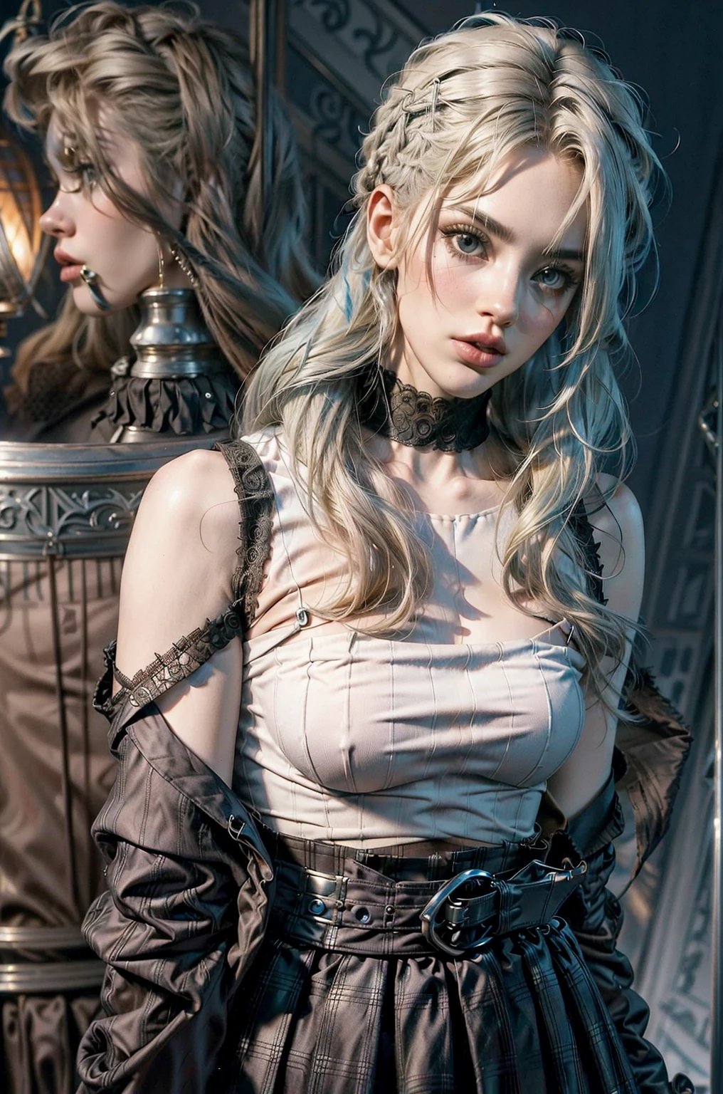 [1girl|solo], (masterpiece:1.1), (best quality:1.1), (intricate detailed Rocker [[White Ombr shirt:Black Appliqud with patches and motifs morning dress:0.85]:[Black Collared revealing clothes:Earth tones hip vent little black dress:0.15]:0.7]:1.25), (Tweed [[Coral Woolen A-line skirt:Turquoise Sleeveless tutu:0.05]:[Green Sheer thong:Orange Linen blouson:0.1]:0.1]:1.15), [nipples|nipples], [(NSFW:1.0):(NSFW:0.95):0.15],[medium:[large|medium]:0.35] breasts, corset, BREAK [black:pink:0.65] theme, (gradient background:1.1), portrait, BREAK [blond:sky blue :0.05] hair, blunt bangs,hime cut,long hair, side-ponytails, [blue:purple:0.85] eyes, intricate detailed black witch hat, holding wand, <lora:eyeLora_eyesV10:1> <lora:stylized3DModelLora_v20:1>