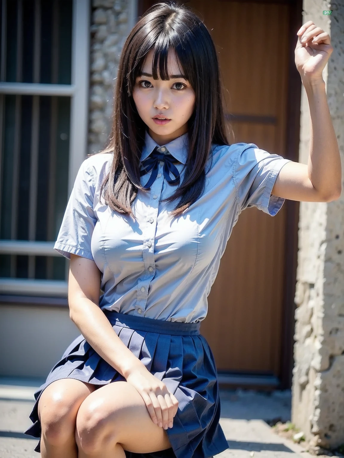 ((highest quality)), ((masterpiece)), 18 year old real Japanese beautiful girl idol high school student、beautiful thighs、beautiful little cleavage、Mini skirt 40cm above the knee、Cornered against a wall in the ruins、the skirt is cut、The shirt is torn、My whole body is wet from the heavy rain、hands tied behind head、beautiful armpits、attempted rape
