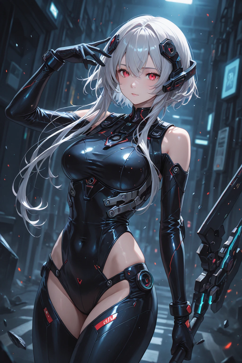 medium shot photo of sexy female cyborg wearing scratched and tarnished futuristic armor in a destroyed futuristic city, fantasy, sci-fi, beautiful feminine face, seductive, sexual, mist, vivid alluring eyes, dramatic, best quality masterpiece, photorealistic, detailed, 8k, HDR, shallow depth of field, cinematic lighting, bloom, light sparkles, chromatic aberration, sharp focus