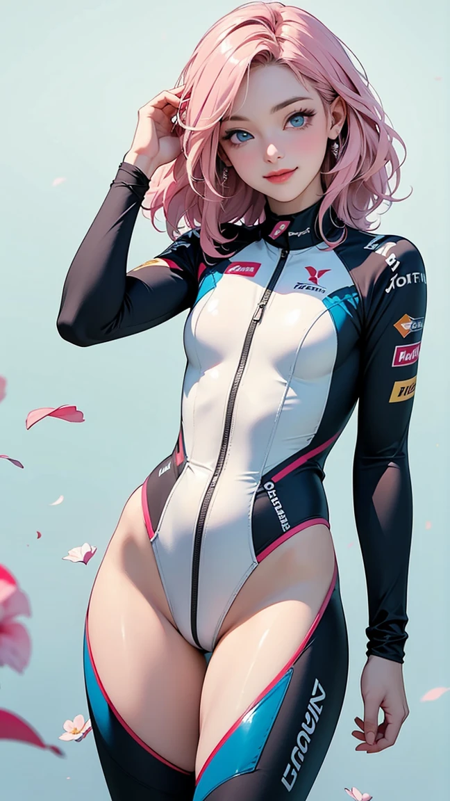 (Solo), (Detailed Full Body RAW Photo of a Girl), (Best Quality: 1.4), (Ultra High Resolution: 1.2), (Photorealistic: 1.4), 8K Resolution, Canon EOS R5, 50mm, Absurdity, Ultra High Definition, (18yo), Sharp Focus, Cinematic Lighting, Detailed Beautiful Face, (Heavy Makeup), (ull Zzang-6500-v1.1), Petite Figure, Fine skin texture, pale skin, flat chest, (thin and fitted body: 1.3), thigh gaps, elongated blond hair, messy hair, (Avril Lavigne: 0.7), smile, (futuristic fashion, streetwear, high-tech fabrics, racing suits, fireproof materials, elbow knee pads, racing gloves: 1.1), contrappost, (Kpop idol), ( Azure Lane\), cityscape, outdoor, ((white + pink theme), {{camel toe}}