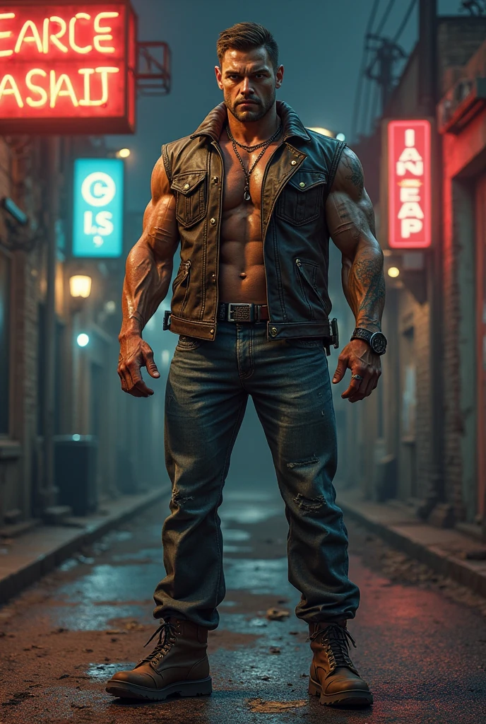 a young hot barefoot muscular street fighter, ruddy himbo wild 18 years old guy, full height, hot libido of the Latin race, in an old worn dirty dark indigo black Adidas tracksuit, muscle flexing on an abandoned sports playground on the street. Unbuttoned sleeveless sports jacket, rolled up ragged sweatpants, boner in pants, trained sweaty abs, brown eyes, very short dark brown male sweat straight hair, dirty bare feet, half smile, bloody gunshot wounds of knees (best quality,4k,8k,highres,masterpiece:1.2),ultra-detailed,(realistic,photorealistic,photo-realistic:1.37),HDR,UHD,studio lighting,ultra-fine painting,sharp focus,physically-based rendering,extreme detail description,professional,vivid colors,bokeh,portraits,gritty,urban,dark,dramatic lighting