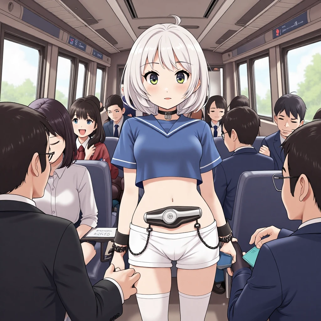Elementary school girl,No pants,Inside a crowded city train,belly button,Pussy,vagina,Grey Hair,Grinning face,Selfie,Torn panties and stockings