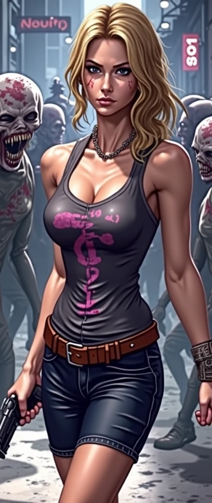 big lips, Brown hair, pink eyes, japanese face, improve, improve grin, two sides up, huge breasts, Wide hips, sexy, detailed, pink room, Hits, (evil smile1.4), kawaii, pleated skirt, punk, GOOD, zombie costume, zombie shirt, zombie choker, zombie skirt, dezombie shirt,navel piercing