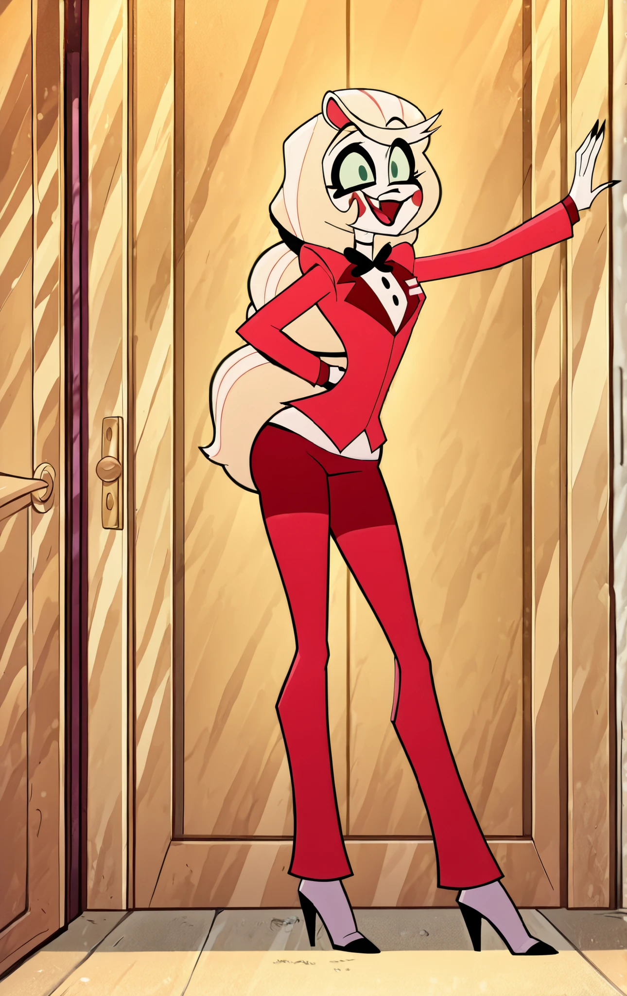 High qualitand, 1 girl, ((charlie morningstar)), big hips,and . Su atuendo incluande una camiseta blanca ajustada extendida sobre, una falda roja muand corta , and pequeñas manchas negras, a black belt with a prominent gold buckle, and medias brillantes de color rosa intenso hasta el muslo. wears black high heels. . The background is simple with a neutral colored door, interiores. , solo una obra de arte de anime de cuerpo entero con líneas limpias and colores vibrantes. Ella está apoandada de la puerta con sonrisa debil