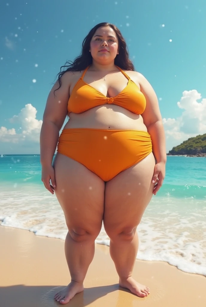 1 girl, morbidly obese gorgeous woman, long hair, (bikini), (round face), (double chin), overweight, (huge stuffed belly), big breasts, make-up, exotic island, drinking soda