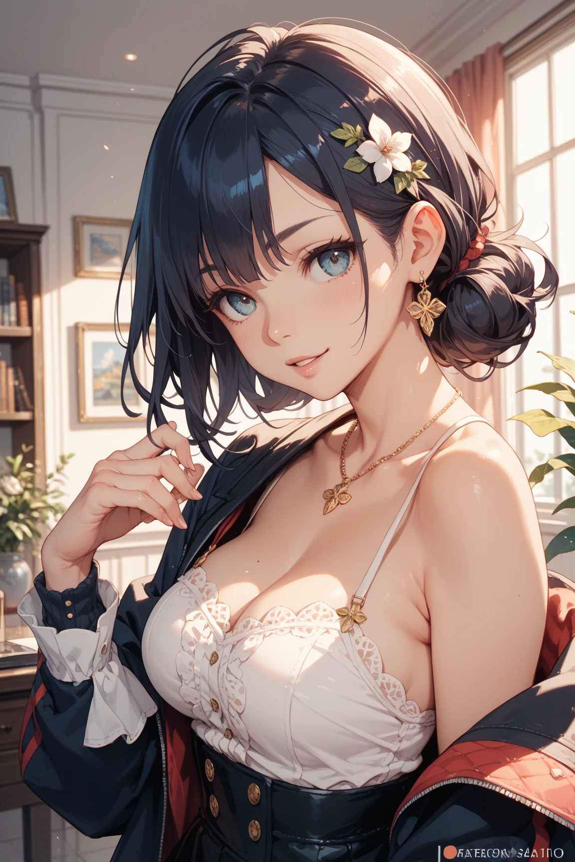 The most beautiful and gorgeous kabuki warrior princess, kabuki style makeup, long red hair, blue eyes, huge gigantic tits, cleavage showing, highly detailed white samurai armor, magazine cover, cherry blossoms and butterflies blowing in the wind, masterpiece, high quality, high resolution