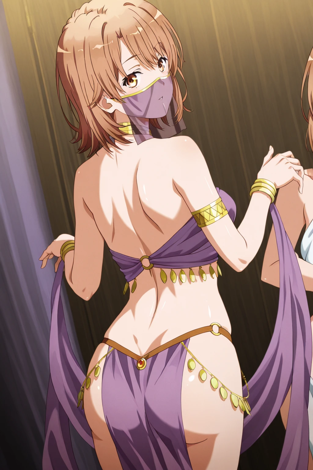 NSFW,masterpiece,Highest quality,High resolution,Very detailed,Madoka Higuchi\(The Idolmaster Shiny Colors\),short hair、Brown Hair、Purple Eyes,Belly dance,arabic costume,gem,Luxurious mansion,Brothel,Luxurious Room,Prostitute,Seduce,(Elderly men)