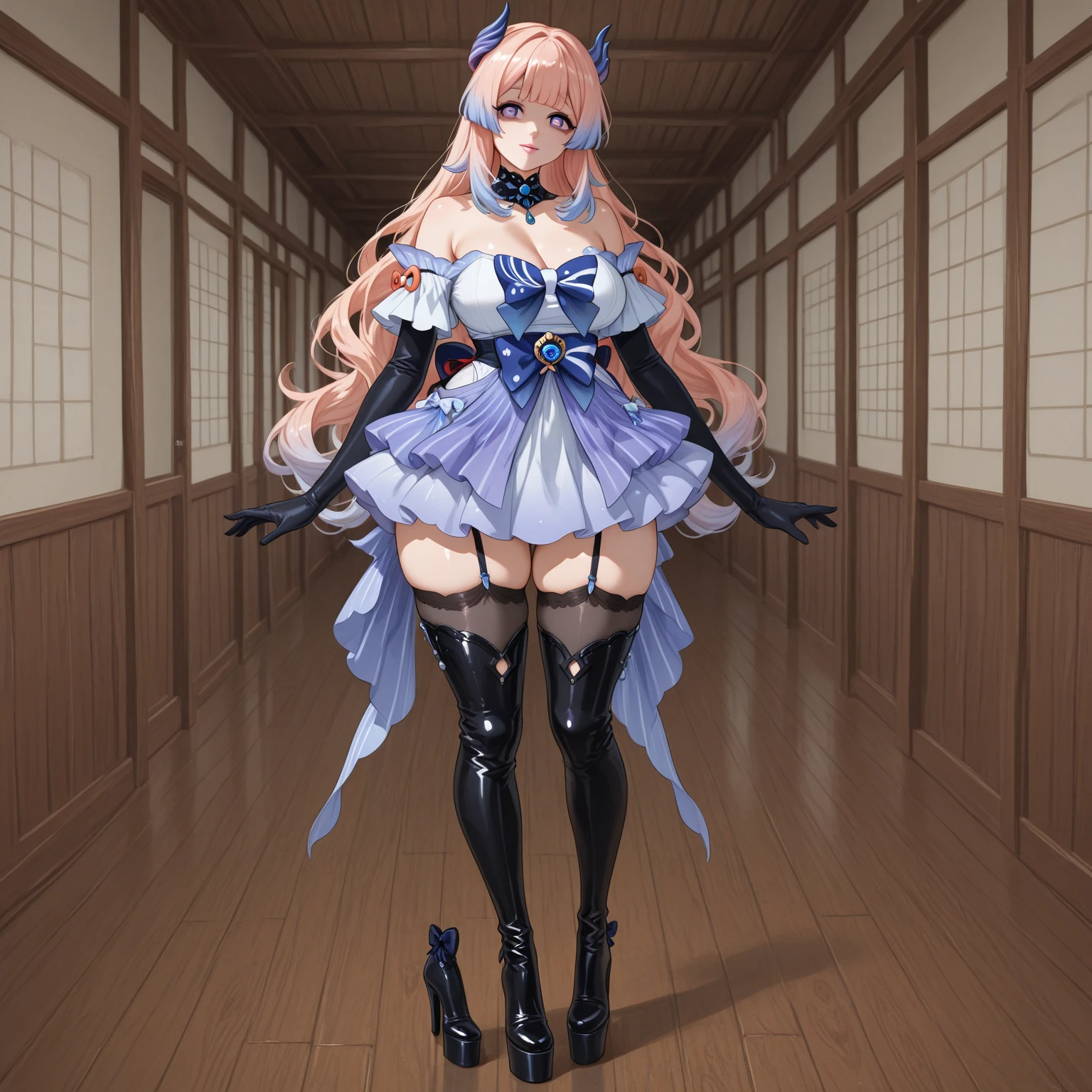 (absurdres, hires:1.2), beautiful, (masterpiece:1.2), (best quality:1.2), (illustration:1.15), official art BREAK <lora:hipoly3DModelLora_v10:0.3> <lora:hyperbreasts_v5Lora:0.25> BREAK <lora:Yuzutei-09:0.8> BREAK (full body), (facing viewer), (solo), (1girl), (huge breasts), seductive smile, (blush:1.3), breasts apart, (thick thighs, wide hips), surreal, insanely detailed, detailed face, highly detailed texture, (shiny hair:1.05), (shiny skin:0.97), (big eyes:0.95), colorful reflection, extremely delicate and beautiful hair BREAK indoors, bedroom background BREAK Megmiria, multicolored hair, pink hair, red eyes, long hair, maid hairband, latex, cleavage, navel cutout, <lora:Megmiria-10:1> BREAK