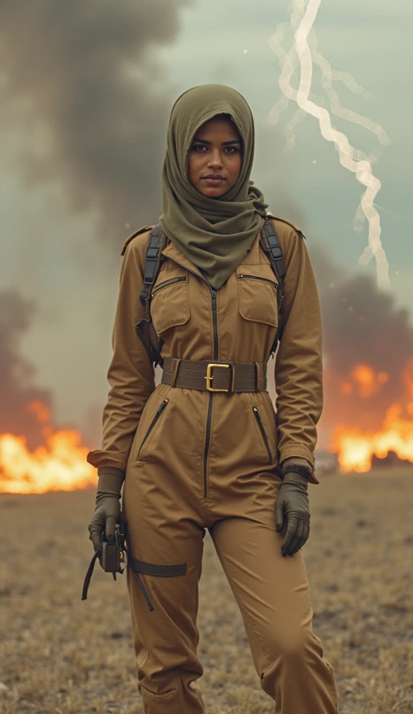 photorealistic, ultra realistic,3D, artstation, cgsociety, 8 k, award winning photography of a beautiful woman walking battle front, (fashion military warrior), (hijab), cheekbones, detailed face, Bejeweled, a nice long leather jacket, straps, torn camo pants, torn clothes, (exquisitely detailed skin, perfect anatomy, wide hips, smooth midriff, thigh gap), military tactical glasses colorful, vibrant battlefield background fire explosions military vehicles