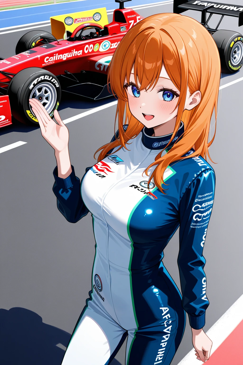 (Highest quality:1.2, Very detailedな, Latest, Vibrant, digital coloring, High Contrast, masterpiece:1.2, Highest quality, Best aesthetics), 1 female, Redhead, Side Ponytail、Racing Suits, Fuller lips, attractive, Sexy Woman, mini skirt, Race Queen, Parasol, Slender body, Very detailed, (Shiny skin:1.4), thin, Dynamic light and shadow, High resolution, Sharp focus、(Beautiful thighs), Grid Girls, Sponsored Costumes, logo printed, (Motorsport Racing), Hand holding umbrella、((Parasol))、Blur the background