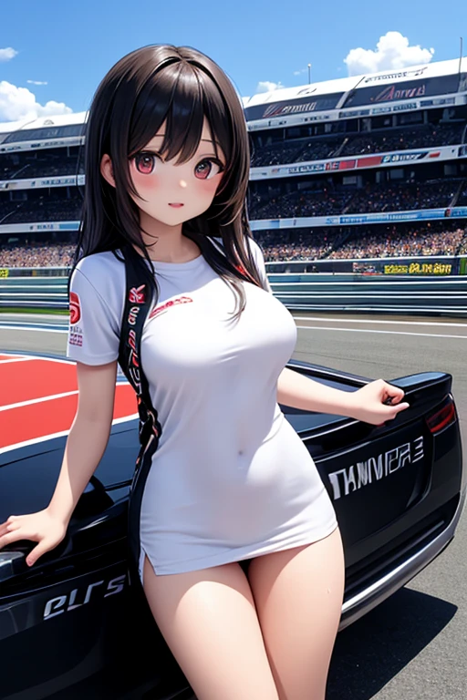 (best quality:1.3), (4K quality), (Detailed face:1.2), (Detailed eyes:1.2), (detailed woman), 1girl, solo, Taiwanese woman, long black hair, With bangs,1 female in, 28 yo, Beautiful face, glossy lips, red lipstick, closed mouth, smirk, big breasts, huge bust, deep cleavage, pale skin, ((Wearing: White tight tank top, Tight short-shorts, red high-heel shoes)), standing. (Background: Indoors, Auto show, Motor show, Convention, Sports car, crowds of people in the surrounding, busy atmosphere). The woman is an a race queen