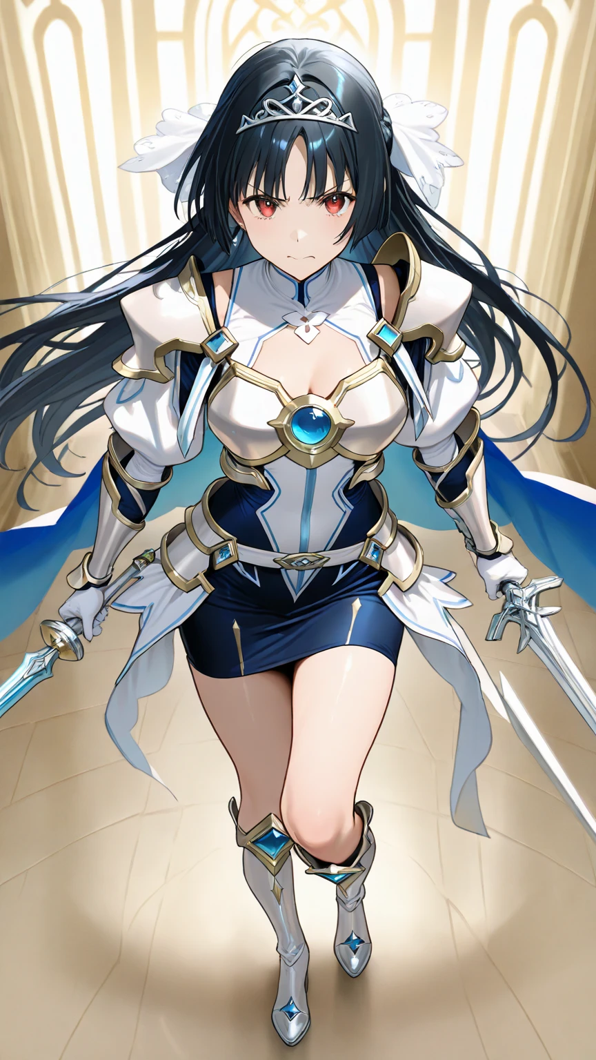 Highest quality、unity 8k wallpaper、32k、masterpiece、Very detailed、Ultra-high resolution、Very detailedな顔, RAW Photos, Professional, Ultra-fine painting、Yukiasuna、Midnight blue long straight hair、Platinum tiara with blue gemstones、Blue Nun Cape、Red Eyes、(Tree Eyes), Cool and sharp features, hime cut, 20~A female magical warrior, about 24 years old.、White and gold breastplate、Blue and white leotard、(((Blue and white gold-embellished long pencil skirt with side armor and long slits)))、Half puff sleeves with shoulder pads、A large white ribbon with a large sapphire on the chest、White and blue long gloves、(((White and blue thigh-high stiletto boots:1.0)))、whole body、He has a spear with a glowing blue blade,
