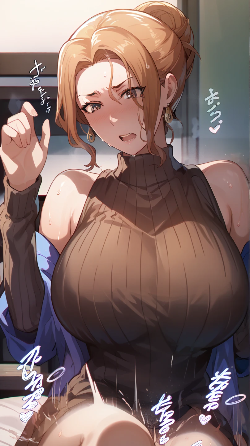 1 adult female、35-year-old woman、Huge breasts:1.5、sagging breast:1.5、Brown Hair、Light red eyes、Wavy Hair、Bobcut、living、milf、off-shoulder sweater、potbelly、Worried brow、mini denim shorts、smile、mole under eye、Gorgeous Mom、