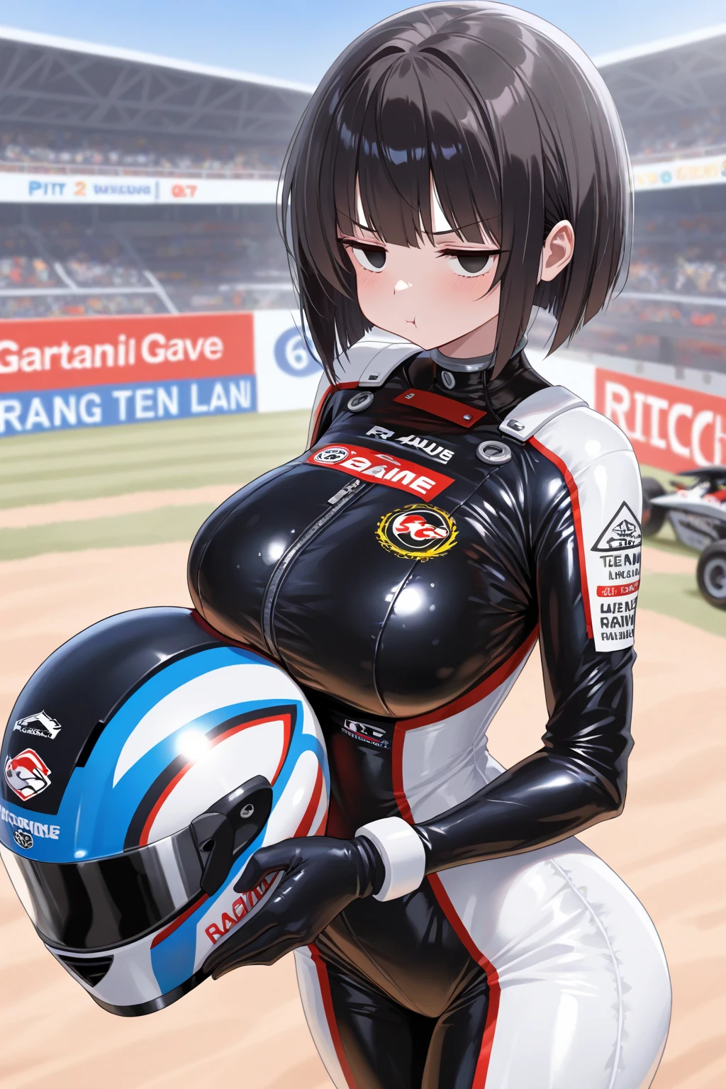 nsfw,(((1girl))),masterpiece,best quality,masterpiece, ultra quality, high quality, beautiful detailed glow,film Reflection,(plump thighs:1.3),((Voluptuous,glamorous,Chubby,thicc,curvy,Leggy,Tall,hanging breasts,1 grandma)), (public hair:1.7),(((Pubic hair shows through))),(((nipple shows through))), (open legs:1.5),((squatting,spread legs,m legs,arms behind back)),
((Wearing a grid girl outfit with sponsor's logo printed, costume, uniform, race queen)),skirt suit,white thong, high heels,