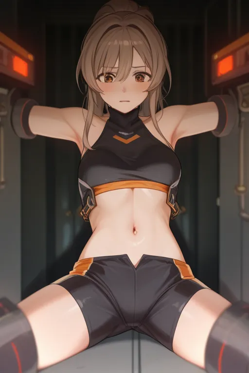 score_9, score_8_up, score_7_up, source_アニメ, Idealized Forms, Natural Light, details background, blurry background, extremely detailed,cartoons girl are standing wearing a futuristic outfit, 1girl,breasts,ass visible through thighs,bodysuit,covered navel,(But),hatsushimo(kancolle),brown eyes,(left(white)right(blue))headband,(black)long hair,(low-tied)hair,(black)hair,small breasts,(petite),closed eyes,open mouth,Electric current runs,Electricity Blame,Electric shock,(dameged cloth),pussy
