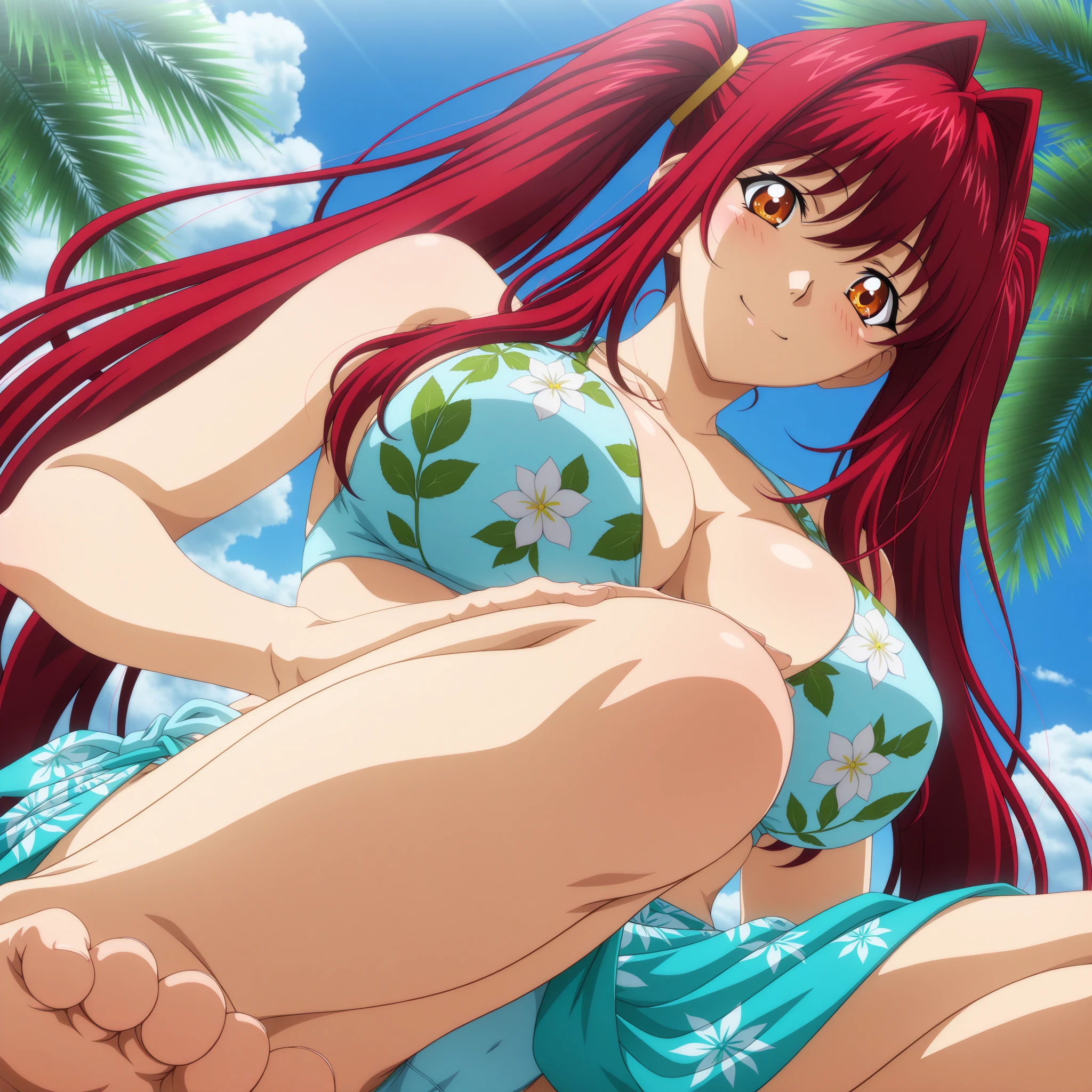 masterpiece, best quality, beautiful art, high resolution, well formed hands, body and fingers, 1 woman, solo, Rias Gremory, full body picture, grown up, adult, large and rounded breasted, cleavage, hair ornament, wearing a Tyris Flare outfit , white_bikini, full body, sexy and skimpy bikini, gorgeous hips, legs and thighs bouncing breasts, red boots, ryona,in peril, she is defeated, knocked out, passed out, closed eyes, exhausted, unconscious, laying down on the sand, extended exposed body, full body on the sand, breathing heavily, sexy smirk on her face, bouncing breasts, sexy defeated pose, defeat and KO scene, fallen beauty, martial arts tournament with beach environment