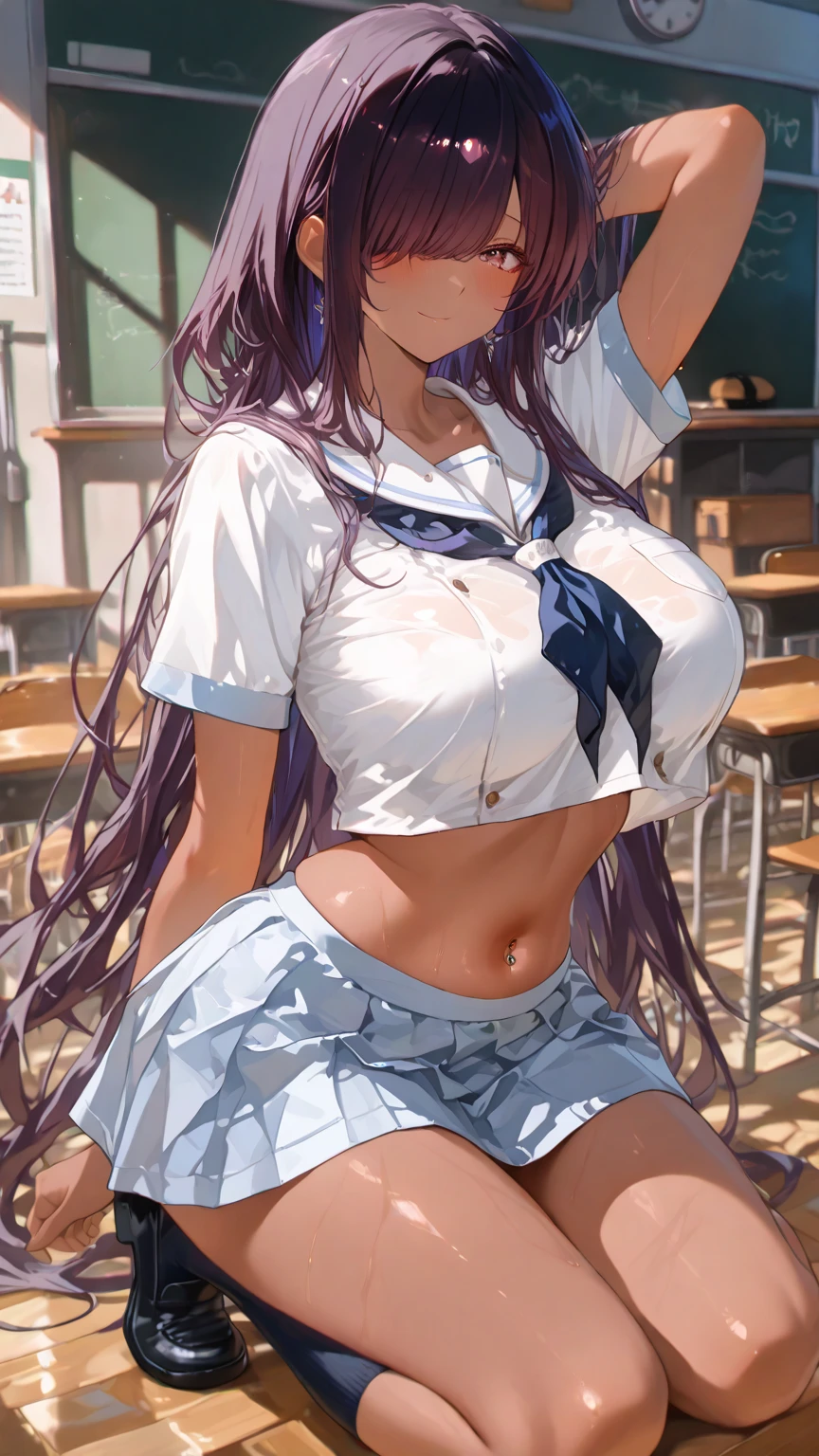 highest quality、High resolution、detailed background、beautiful and detailed face、beautiful and smooth skin、skin texture、Beautiful teenage girl、(huge breasts:1.2)、New Panties、stripes々panties、sexy sailor suit、white sailor collar、No sleeve、plaid pleated mini skirt、purple hair、cute braided hairstyle、white knee high socks、
((I was changing clothes in the classroom and I was in my underwear.、taking off clothes))、emphasize the chest、emphasize cleavage、legs open、big ass、smiling playfully、laughing、smile、sexual expression、Panties shot、Panty shot、black bra、sheer bra、cute、cameltoe