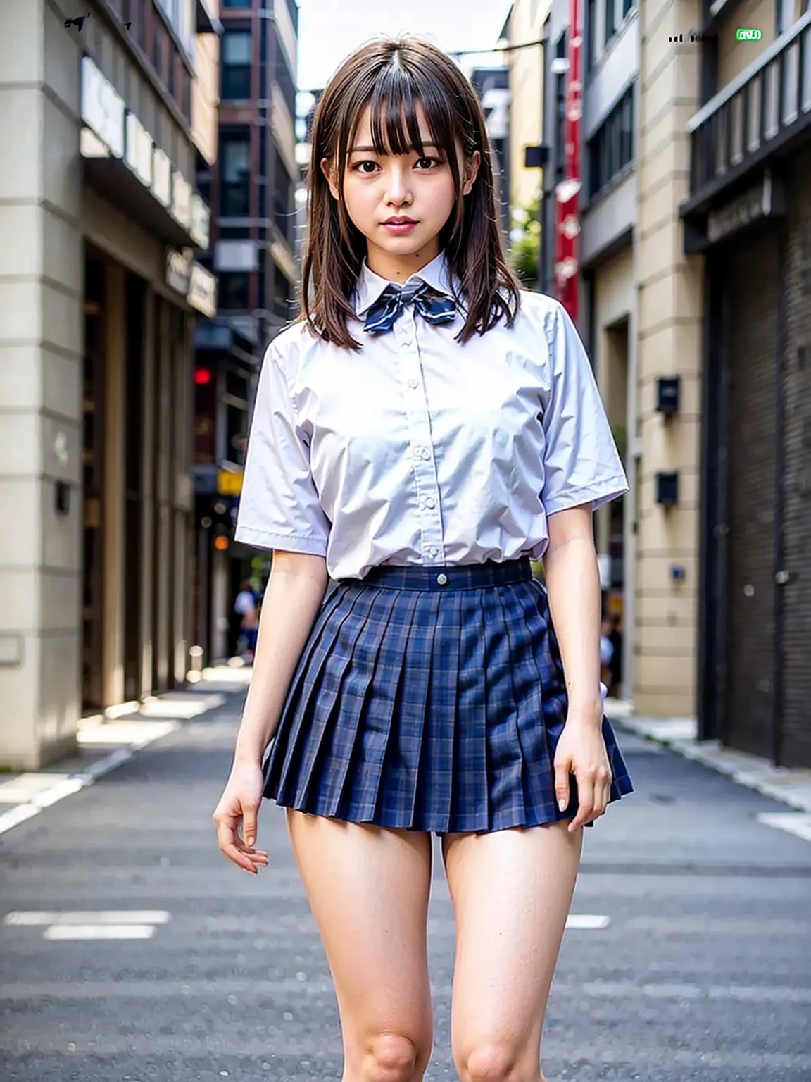 School Girls, (((Top Quality, 16k, Masterpiece: 1.3)), Ultra-Realistic, Masterpiece, Sharp Focus, Super Detail, Absurdity, High Resolution, Dynamic Lighting, 50mm Portrait, City, Night, Cute, Glossy Skin, Delicate Face, Surprised Look, White Shirt, Blue Ribbon, Shortcut Hair, Dark Blue Pleated Skirt with Tartan Plaid Pattern, ( ((skirt flips: 1.5)))), ((The lower body shows white underwear: 1.4)))), angle from diagonally down, baby face, tight bust top,