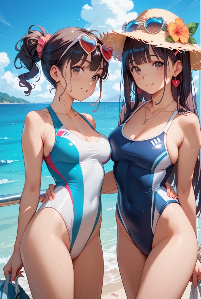 top-quality、Full limbs、complete fingers、Many women wear competition swimsuits、Beautiful Large Breasts、Brown-haired woman、straight haired、Woman with waist-length hair、Woman in blue and red competitive swimsuit、Brown pantyhose、in the bus、A big smile、Naughty Poses