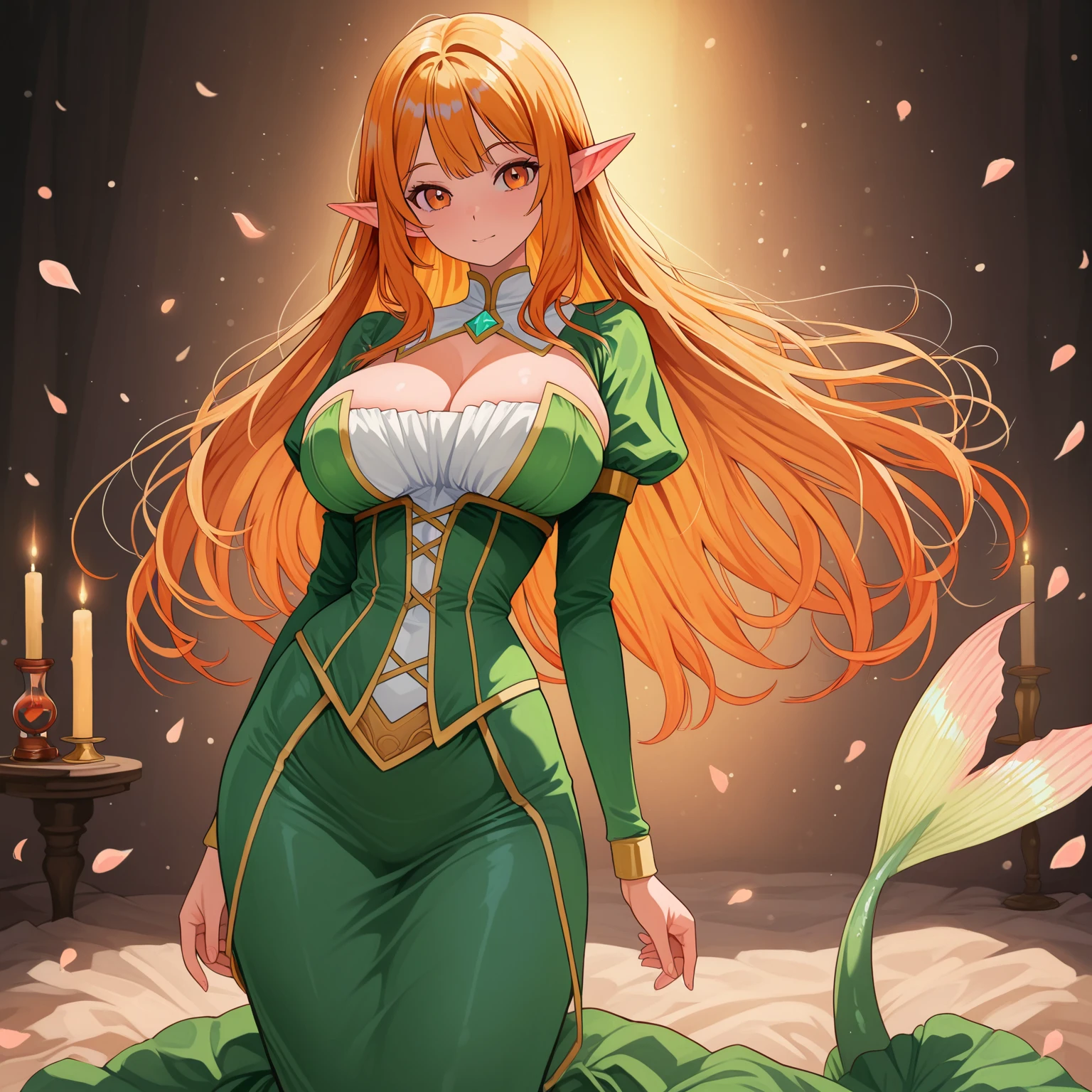 1girl, dragon queen, green dragon wings, gentle smile, dignified, voluptuous breasts, orange dress, long sleeves, long braid, orange hair, silver queen crown, smooth parted bangs, ocean palace, pristine sea, pristine sky, masterpiece quality, ultra HD, 4K, best quality, 