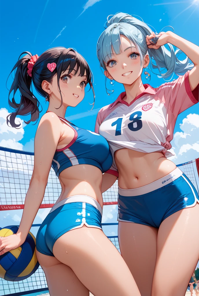 inside beach court, (Two Women),(Two beach volleyball players standing side by side:1.5),(Same beach volleyball team:1.5),(Pink beach volleyball high leg bikini:1.3),(Wearing the same thing:1.5),tight:1.5, (Long Hair:1.3), hair slicked back:1.5,rest(whole body:1.5),(Beautiful Eyes),(Pretty face),(Very detailedな顔:1.5),(Very detailedな女性の手:1.5),(Sunburn:1.3),(puffy nipple),(Muscular:1.1),(Thick thighs:1.5),(Clear blue sky in the background:1.2),(((Blurred Background:1.5))),(Soft lighting:1.5),(Depth of written border:1.5),rest(((masterpiece:1.5),(Highest quality:1.5),(Very detailed:1.5),(High resolution:1.5),(practical:1.5),(practical:1.5))),4K, victory smile,blush:1.1,