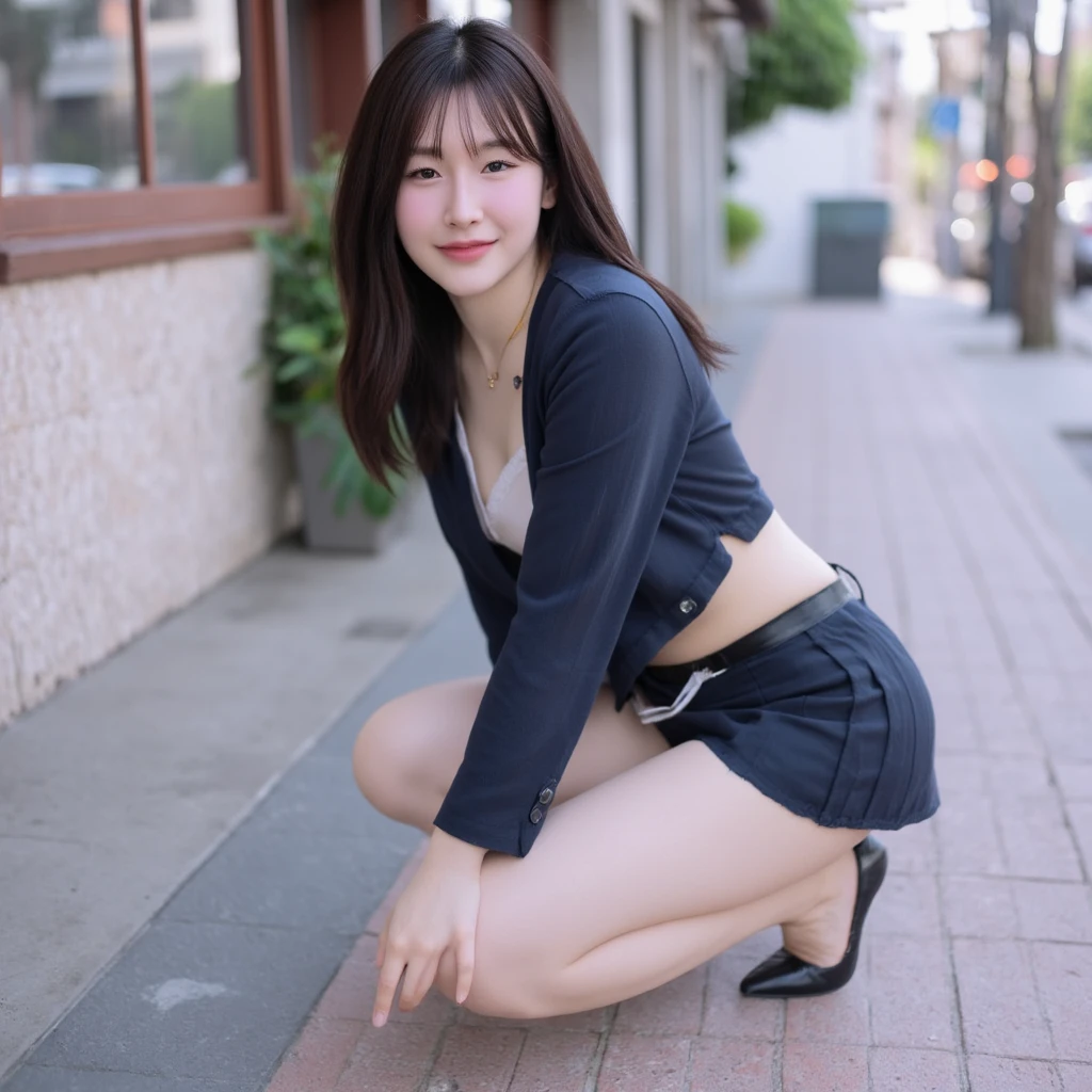 In detail,Full body photo、 Blonde、One high school girl、High resolution, high quality、Slim body、Perfect dynamic composition, Beautiful fine details, Natural Shorthair、Natural color lip,Kamimei、14-year-old girl、Clear Skin、Navy blue sailor suit with short sleeves、Red mini skirt、Thighs、Shiny Hair、最high quality, figure, Very detailed, In detail, High resolution, 8k、The correct state of the human body、Sculpture model pose,Yellow wall,Sitting in a chair、Thighs are visible、smile、