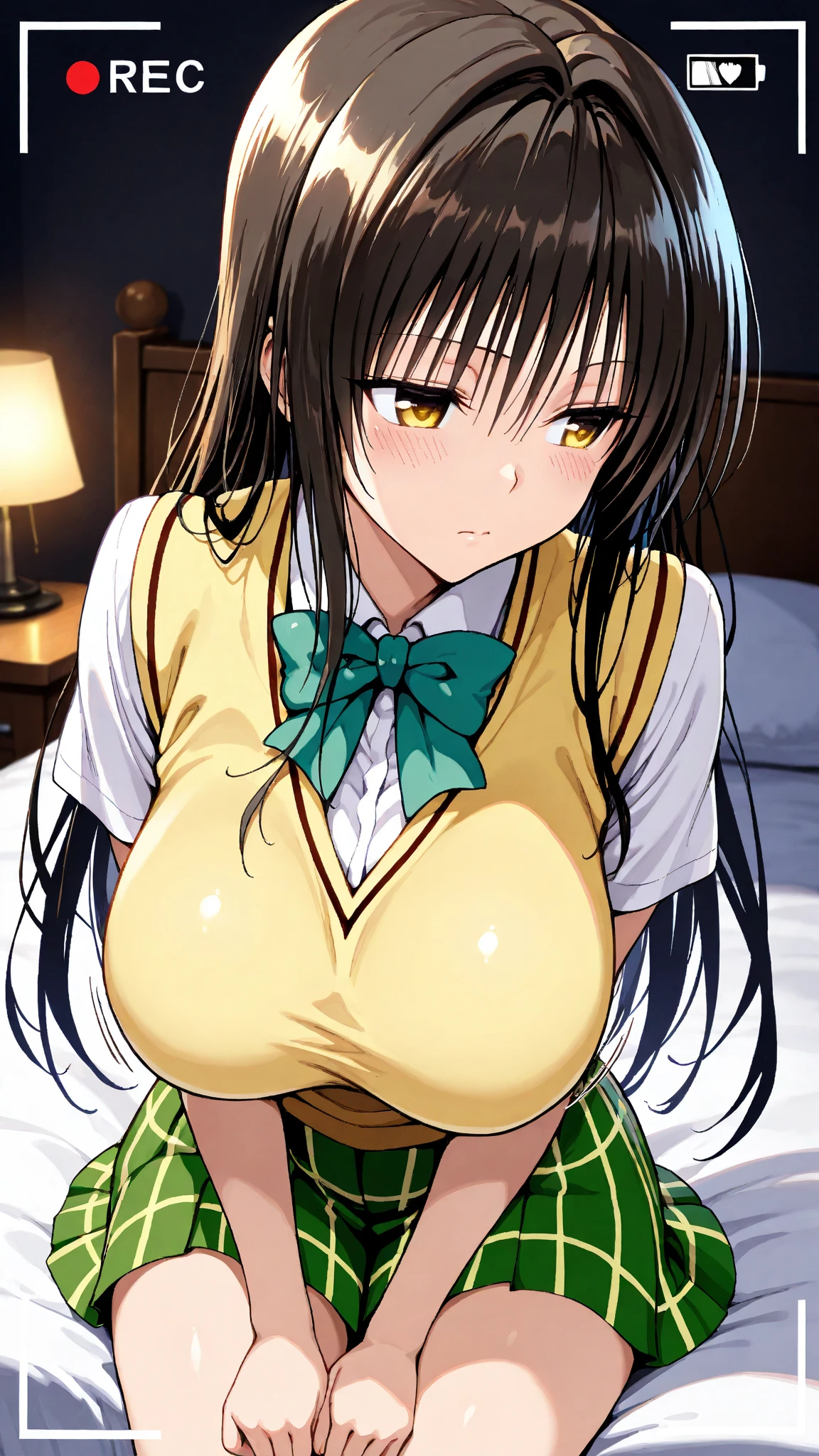 (masterpiece、top-quality)、(hight resolution, High quality:1.2), Intricate details, Cinematic lighting, depth of fields, ingridms, 1girl in, maturefemale, (White-skinned woman:1.1), White skin, ((full body Esbian:1.1)), Looking at Viewer, Shy smile, black hair almost brown, Very long hair, Hair intake, makeup, lip stick, (mole under mouth:0.8), Eyelashes, Black、Yellow eyes, Detailed face, Classroom,evening、 (natural big boobs、:1.2)、Constriction、Valley、luslous skin、Show me your body、sexy pose、School uniform, Sweaters_vests, verdant_Bow, skirt by the, Plaid_Skirt, green neckwear