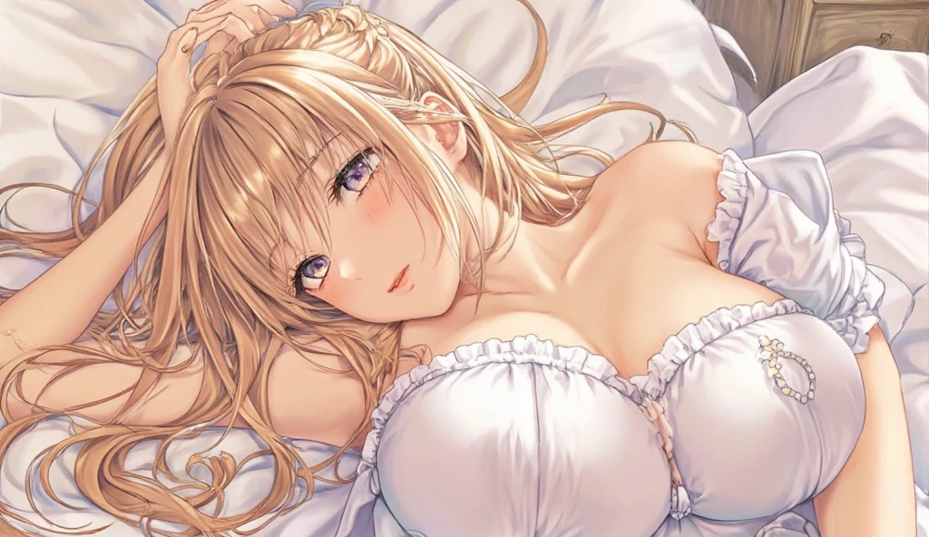 (Wedding dress, bail, headdress:1.2), masterpiece, highest quality, A girl lying down, alone, (Upper body), brown hair, big breasts, Sexual hips、 belly button, Glossy, lustrous skin, bed sheet, pillow, 、see-through、