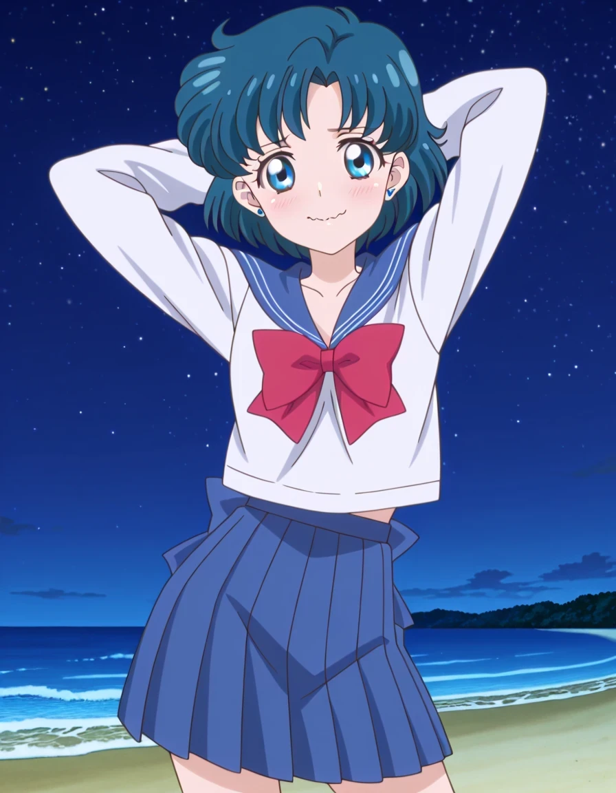 mizuno ami, short hair, blue hair, blue eyes, stud earrings, serafuku, long sleeves, white shirt, blue sailor collar, red bowtie, blue back bow, blue skirt, pleated skirt, anime screencap, high quality, closed mouth, solo, cowboy shot, night sky, beach, arms behind head, ((contrapposto)), looking at viewer, shy smile, wavy mouth, best quality,