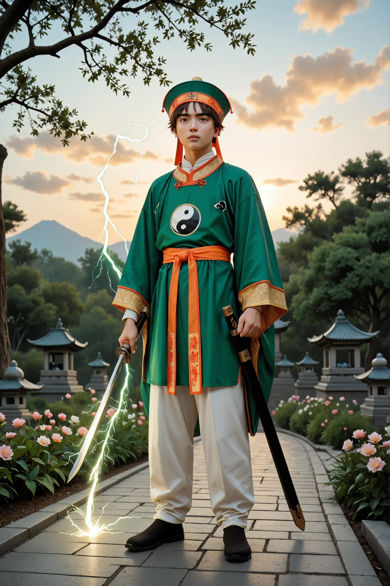 (masterpiece, absurdres, realistic:1.2), (photorealistic:1.5), best quality, Ultra High Resolution, 1boy, RiShaoran, japanese boy, very handsome, perfect face, cute face, intricate detail, clear and beautiful detailed eyes, detailed skin, pale skin,
male focus, solo, brown hair, brown eyes, hat, green headwear, chinese clothes, shirt, white shirt, pants, white pants, robe, green robe, yin yang, long sleeves, wide sleeves, perfect hand, the index and middle fingers of the right hand holding a vertical talisman (the talisman has four large chinese characters "雷帝招來" in the middle, lightning magic flashes around it), left hand holding a sword, Excellent body proportions, perfect anatomy, dynamic pose, full body,
outdoor, sky, cloud, flower, tree, cinematic composition, soft lighting, Cinematic Lighting, deep shadows, Bright colors,